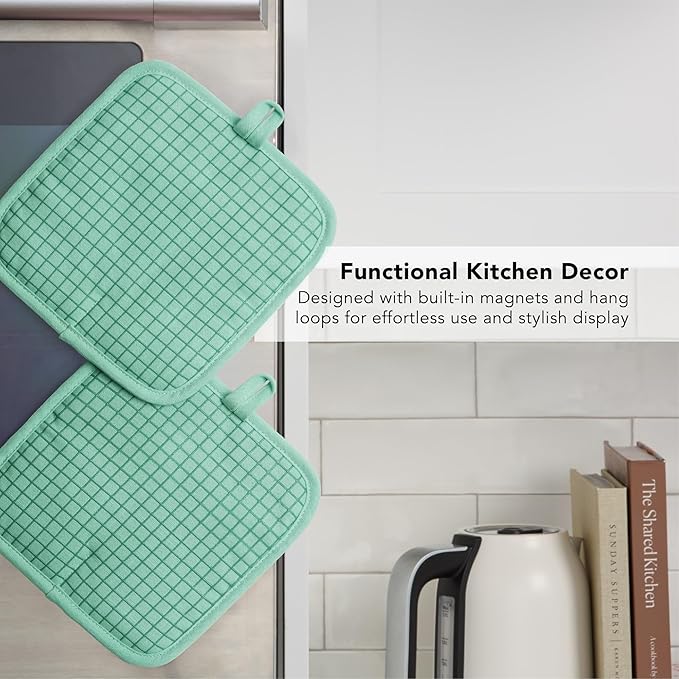 KITCHENAID Gourmet Series Gridlines Pot Holders 2-Pack Set, Heat Resistant up to 600°F, Soft Silicone Grip, Magnetic Cuff, Color of The Year, Spearmint, 8"x8" - Image 5