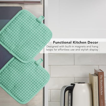 KITCHENAID Gourmet Series Gridlines Pot Holders 2-Pack Set, Heat Resistant up to 600°F, Soft Silicone Grip, Magnetic Cuff, Color of The Year, Spearmint, 8"x8" - Image 5