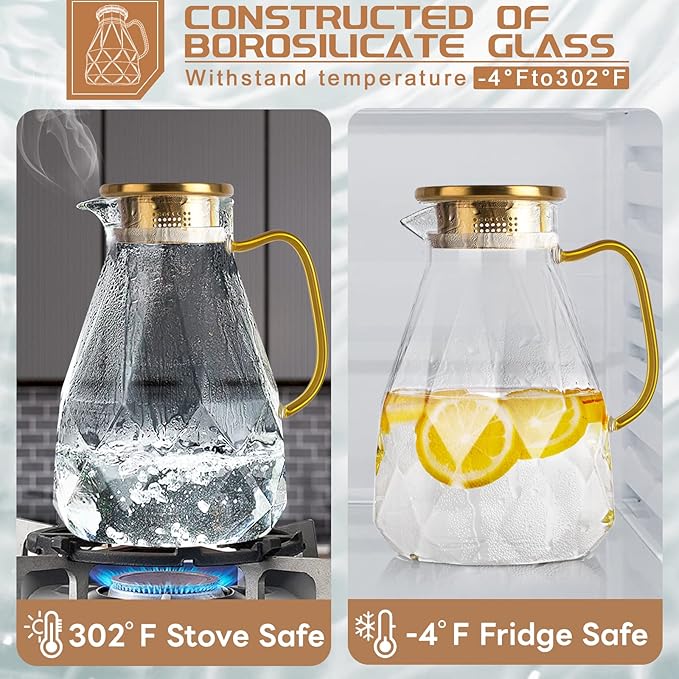 Yirilan Glass Pitcher, 2.2 Liter Water Pitcher With Lid,Iced Tea Pitcher for Fridge,Carafe With Lid, Glass Water Jug For Juice, Milk, Cold Or Hot Beverages, 2 Quart - Image 4