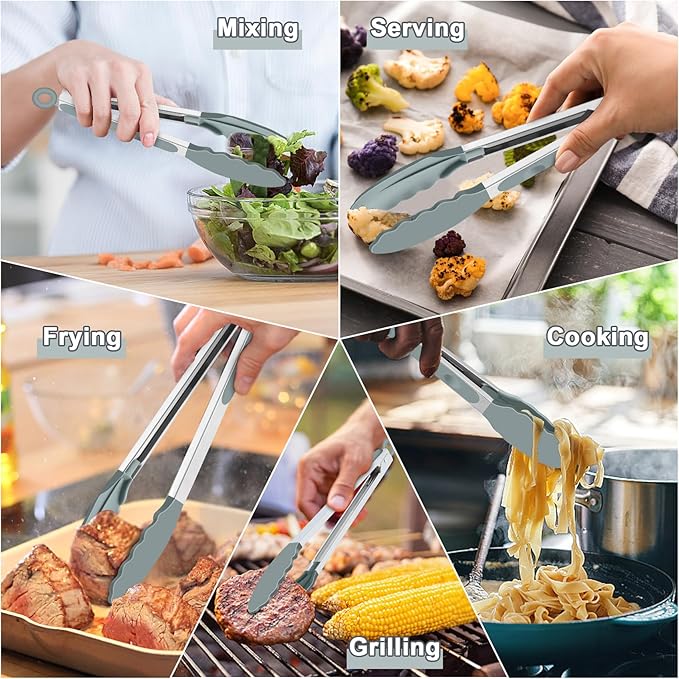 TeamFar Kitchen Tongs, 9" and 12" Stainless Steel Cooking Tongs with Silicone Tips for Cooking Grilling Serving & BBQ, Heat Resistant Silicone Tongs, Locking Design & Dishwasher Safe, Set of 2 & Grey - Image 7