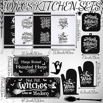 Fanfanwin 10 Pcs Halloween Kitchen Decor Set Witch Kitchen Towels and Rugs Pot Holders Oven Mitts Set for Home Cooking Dish Baking Decorative