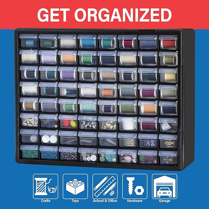 Akro-Mils 64-Drawer Plastic Drawer Storage Cabinet for Garage Organization, Bead Organizer, Building Bricks Storage, Teacher Toolbox, Makeup Organizer, 20" W x 6" D x 16" H, 10164 Black - Image 4