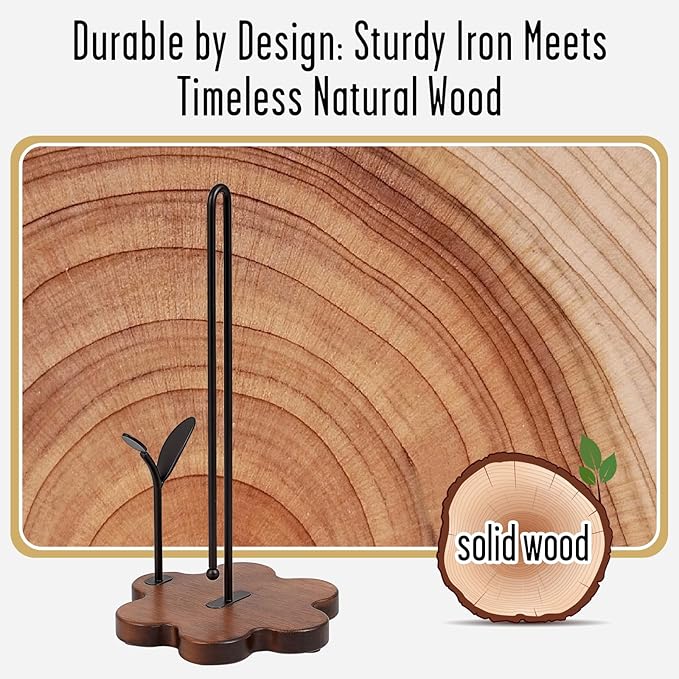 Wooden Paper Towel Holder Countertop, Floral Base with Dual Iron Rods in Antique Brown Finish, Leaf-Shaped Accent, Stable & Durable, Non Slip Pads, Elegant Kitchen/Dining Décor