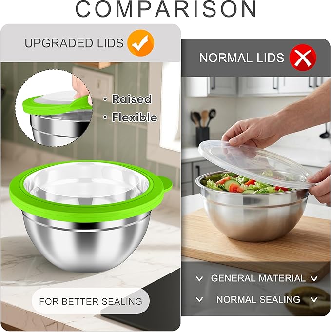 HaWare Mixing Bowls with Airtight Clear Lids, 6-Piece Stainless Steel Strong Nesting Bowls Set, Metal Salad Bowl for Cooking, Prepping, Baking, Serving & Food Storage, Size 4.6, 3, 1.5QT, Colorful - Image 4