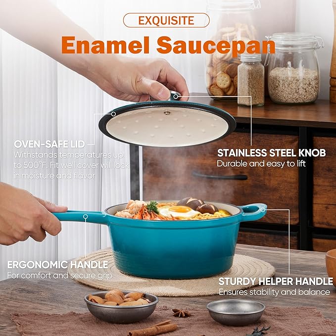 Homikit 3 Quart Saucepan with Lid, Enameled Cast Iron Saucepan for All Cooktops, Heavy Duty Cast Iron Pot for Kitchen Cooking, Boiling, Nonstick & Up to 500°F, Teal Ombre