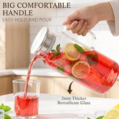 2 Pack Glass Pitcher with Lid and Handle, 68oz 2 Liter Borosilicate Glass Water Pitcher for Fridge, Heat Resistant Iced Tea Pitcher, Glass Carafe for Hot Cold Beverages Juice Lemonade