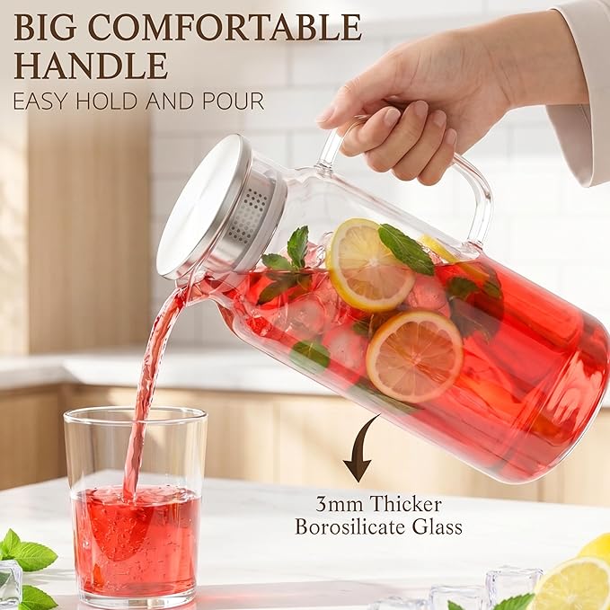 Glass Pitcher with Lid and Handle, 68oz 2 Liter Borosilicate Glass Water Pitcher for Fridge, Heat Resistant Iced Tea Pitcher, Glass Carafe for Hot Cold Beverages Juice Lemonade