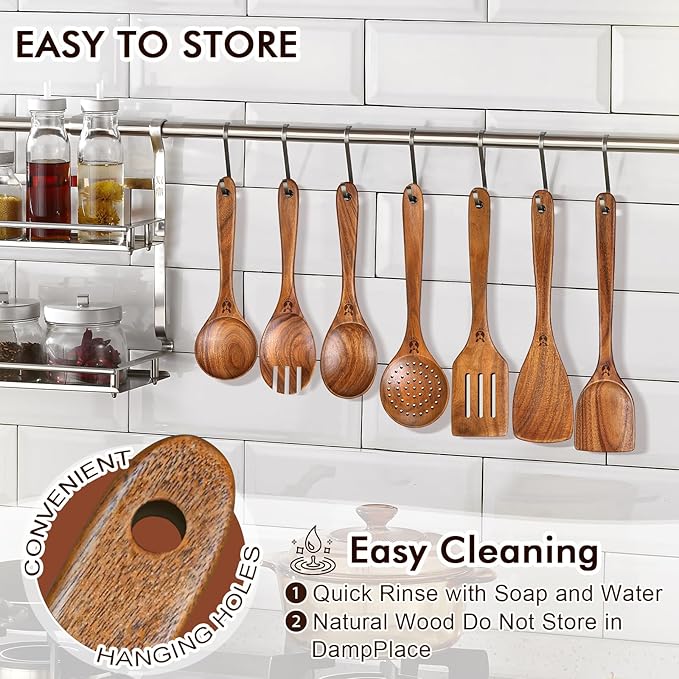 Wooden Spoons for Cooking, 9 Pcs Natural Teak Wooden Utensil Set with Spoon Rest, Comfortable Grip Wooden Cooking Utensils Set with Holder for Nonstick Cookware, Sturdy, Lightweight & Heat Resistant - Image 7