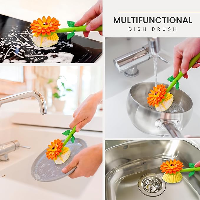 Vigar Flower Power Dish Brush with Handle and Vase Dish Brush Holder, Kitchen Scrub Brush for Pot Scrubber, Dishes, and Sink Cleaning, Orange, Green - Image 5