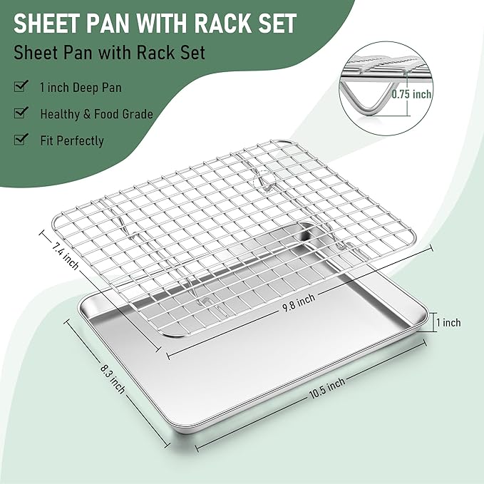 Homikit Cookie Sheet with Rack (2 Small Baking Sheets+2 Grill Racks), 10 x 8 Inch Stainless Steel Cookie Sheets with Wire Cooling Rack, Nonstick Metal Toaster Oven Bacon Tray, Dishwasher Safe