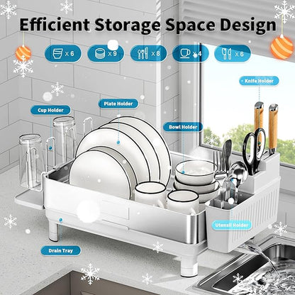 Ewaiira Dish Drying Rack, 304 Stainless Steel Dish Racks for Kitchen Counter, Dish Drainers with Automatic Drainage, Utensil Holder & Cups Holder, Space Saving Kitchen Organizer, White - Image 6