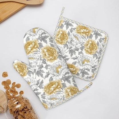 Oven Mitts and Pot Holders Vintage Flower Peony Floral Silicone Kitchen Accessories Set of 4 Heat Resistant Long Gloves Potholder Non-Slip Grip for Chef Cooking Baking Grilling BBQ