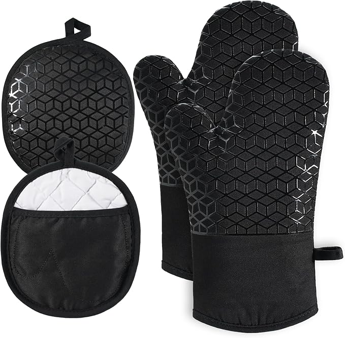 Oven Mitts and Pot Holders,500 ℉ Heat Resistant Oven Mitts Sets,Silicone Oven Gloves, Non-Slip Silicone Textured Grip,Black by Startyourcomfortablelife