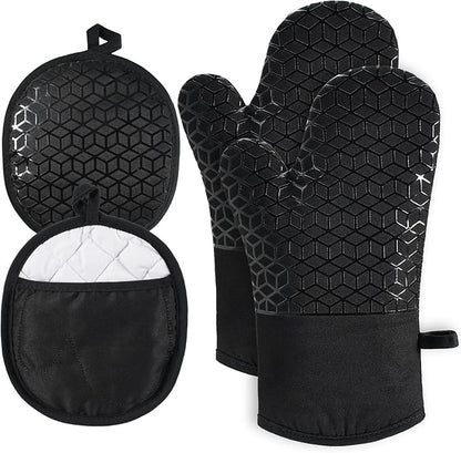 Oven Mitts and Pot Holders,500 ℉ Heat Resistant Oven Mitts Sets,Silicone Oven Gloves, Non-Slip Silicone Textured Grip,Black by Startyourcomfortablelife
