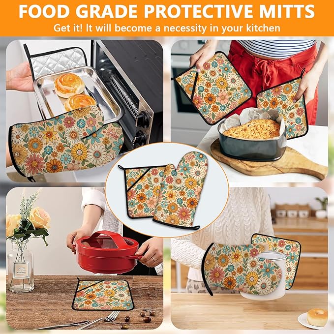 Boho Floral Oven Mitts and Pot Holders Sets 4Pcs,Extra Long Oven Gloves Potholder for Kitchen Cooking Baking BBQ 100% Cotton Heat Resistant - Image 7