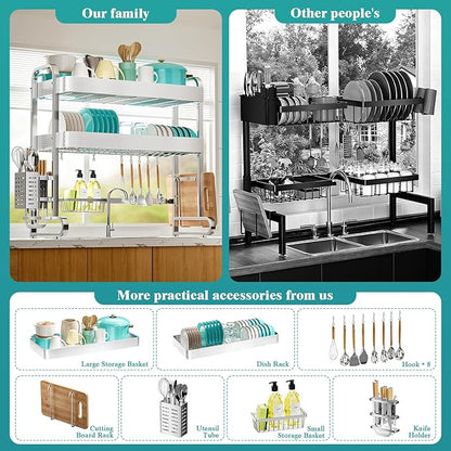 HOWDIA 3-Tier Over The Sink Dish Drying Rack, 304 Stainless Steel Dish Rack with Honeycomb Design, Cutlery Holder & Chopping Board Rack, 33.86” x 11.81” x 33.07” for Maximum Kitchen Storage - Image 4