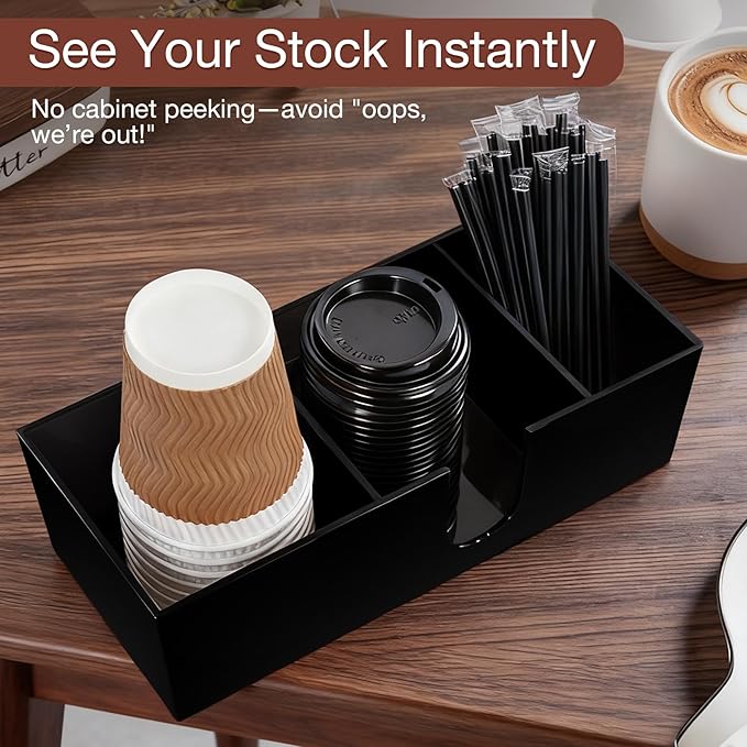 Acrylic Coffee Cup Holder for Countertop, 3 Slots Acrylic Coffee Bar Accessories and Organizer Anti Slip Waterproof, Coffee Station Organizer for Cup Lid Straw, Black