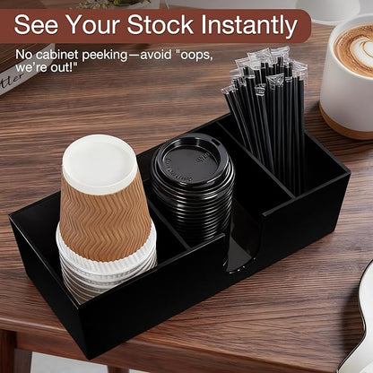 Acrylic Coffee Cup Holder for Countertop, 3 Slots Acrylic Coffee Bar Accessories and Organizer Anti Slip Waterproof, Coffee Station Organizer for Cup Lid Straw, Black