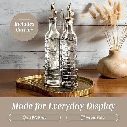 COOK WITH COLOR Glass Olive Oil Bottle Dispenser - 2 Pack- 17oz Oil and Vinegar Cruet - Olive Oil Carafe Decanter for Kitchen, Checkered, Brown - Image 6