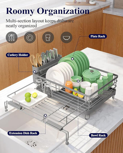 Kitsure Extendable Dish Drying Rack - Rust-Resistant Dish Racks for Kitchen Counter with Adjustable Support Legs, Cutlery Holder & Removable Draining Tray (Grey, 15.6''-25.2''L × 16.9''W × 8.1''H) - Image 2