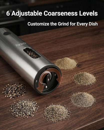 Electric Salt and Pepper Grinder Set with USB-C Charging Base, Stainless Steel Automatic Rechargeable Salt and Pepper Grinder with LED Light & Large Capacity, 6 Adjustable Coarseness Settings