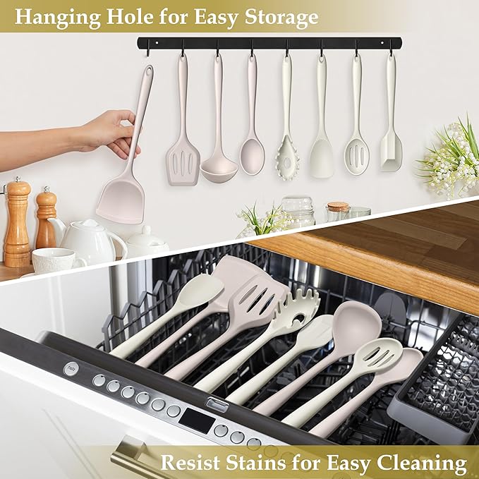 LIANYU 8Pcs Kitchen Utensils Set, Silicone Cooking Utensils Spatula Set for Nonstick Cookware, Include Silicone Spatula, Ladle, Turner, Spoon, Heat Resistant, Dishwasher Safe, Khaki White - Image 8