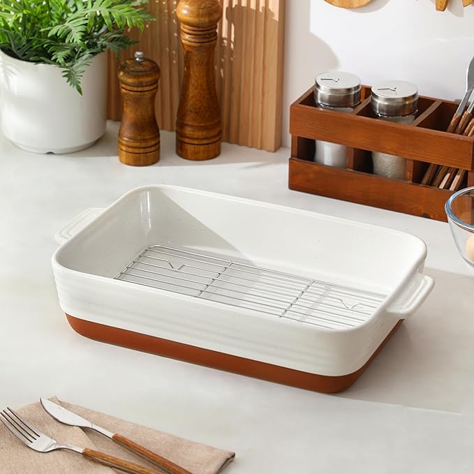 MALACASA Baking Dish with Rack, 4.8 Qt Ceramic Roasting Pan with Stainless Steel Drip Rack, 9x13 Inch Deep Casserole Dish with Handles, Oven Safe Lasagna Pan for Baking & Serving (Khaki & White) - Series Tara - Image 8