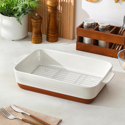 MALACASA Baking Dish with Rack, 4.8 Qt Ceramic Roasting Pan with Stainless Steel Drip Rack, 9x13 Inch Deep Casserole Dish with Handles, Oven Safe Lasagna Pan for Baking & Serving (Khaki & White) - Series Tara - Image 8