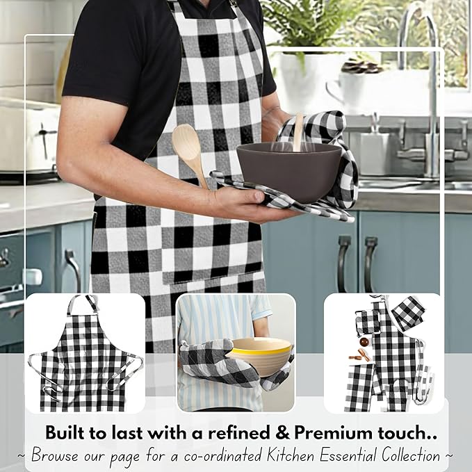 Native Fab Buffalo Plaid Check Oven Mitts and Pot Holders Set of 4, 100% Cotton Heat Resistant Kitchen Gloves, 2 Oven Mitts (7x13), 2 Pot Holders (8x8) for Cooking & Baking, Black White - Image 5