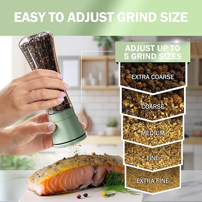 Home EC Premium Green Sea Salt and Pepper Grinder Set of 2 - Adjustable Ceramic - Tall Glass Salt and Pepper Shakers - Kitchen Pepper Mill & Salt Mill W/Funnel & EBook - Image 2