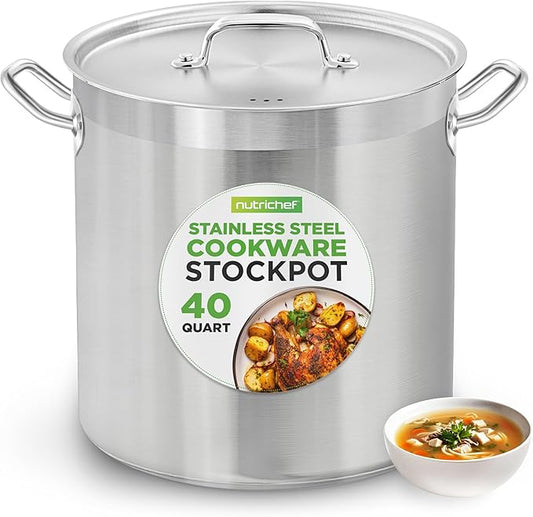 Nutrichef Stainless Steel Cookware Stockpot, 40 Quart Heavy Duty Induction Soup Pot With Stainless Steel Lid And Strong Riveted Handles, Even Heat Distribution, Compatible With Most Cooktops by NutriChef%E2%84%A2Kitchen