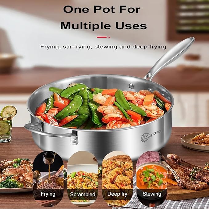 LOLYKITCH 8-10 Inch Tri-ply Stainless Steel Fry Pans and 6 QT Sauté Pan with Lid,Induction Cookware Set,Dishwasher and Oven Safe,Detachable Handle - Image 5