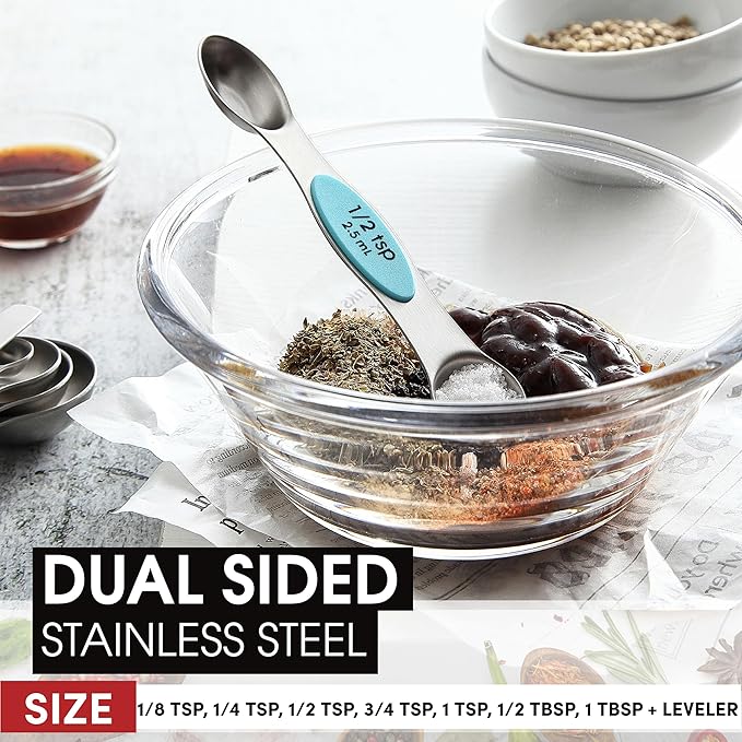 Spring Chef Stainless Steel Magnetic Measuring Spoons Set of 8 with Leveler, Nesting Metal Teaspoon & Tablespoon Measuring Spoons, Fits in Spice Jars, Kitchen Gadgets for Baking & Cooking - Aqua Sky - Image 4