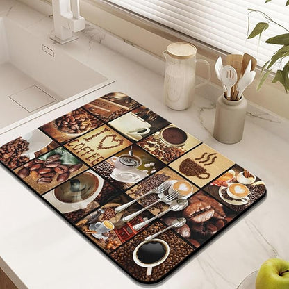 Coffee Bar Mat Accessories for Countertop Super Absorbent Anti-Slip Silicone Flower Dish Drying Mats for Kitchen Counter Draining Pad Decor Gift Fit Coffee Maker Espresso Machine 24inx18in