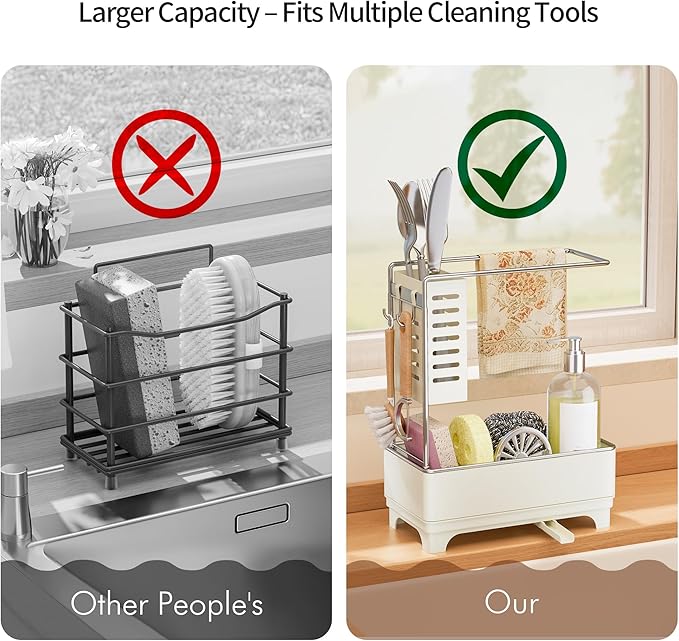 MOUKABAL Sponge Holder for Kitchen Sink, 2-Tier Sink Caddy Organizer with Drain Holes and Hooks, Holds Dishcloth, Sponge & Brushes, Kitchen Countertop Storage for New Home Essentials Off-white - Image 5