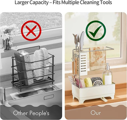 MOUKABAL Sponge Holder for Kitchen Sink, 2-Tier Sink Caddy Organizer with Drain Holes and Hooks, Holds Dishcloth, Sponge & Brushes, Kitchen Countertop Storage for New Home Essentials Off-white - Image 5