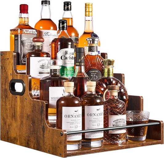 YQBRAO 4-Tier Tiered Liquor Bottle Display Shelf - 16-Inch Rustic Wood Liquor Rack & Coffee Syrup Organizer - Heavy-Duty Countertop Spice Rack with Guardrails & Handles for Bar, Kitchen, Office