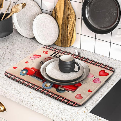 Valentine's Day Truck Dish Drying Mat 16x18 inch Love Heart Washable Absorbent Dishes Pad Dish Drainer Mat for Kitchen Counter Sink Coffee