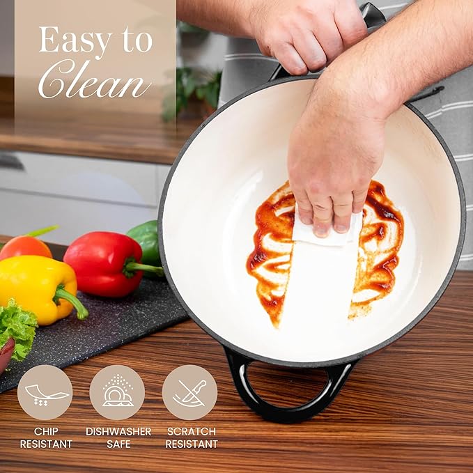 Cast Iron Dutch Oven with Lid – Non-Stick Ovenproof Enamelled Casserole Pot – Sturdy Dutch Oven Cookware – Black, 7.3-Quart, 30cm – by Nuovva - Image 9