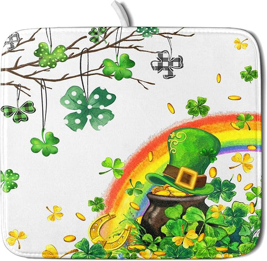 Giwawa St Patrick Dish Drying Mat Small Lucky Clover Tree Shamrock Dish Drainer Mats 16x18inch Spring Elf Hat Rainbow Colorful Fast Drying Absorbent Dish Drying Pad for Kitchen Counter Decor