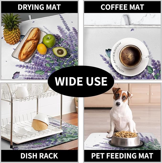 Purple Lavender Dish Drying Mat for Kitchen Counter Spring Summer Floral Microfiber Dish Drainer Mats Green Leaves Butterfly Absorbent Reversible Dish Drainer Rack Mat 16x18 Inch - Image 7