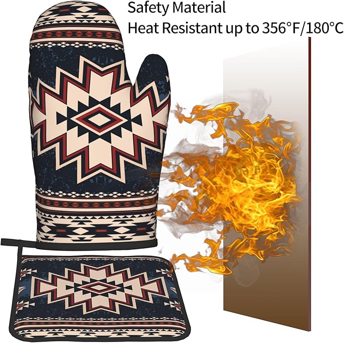Oven Mitt and Pot Holders Sets - Boho Kitchen Mitts Decorative Tribal Oven Gloves Bohemian Hot Pads Set of 2 for Cooking BBQ Baking Grilling - Image 5