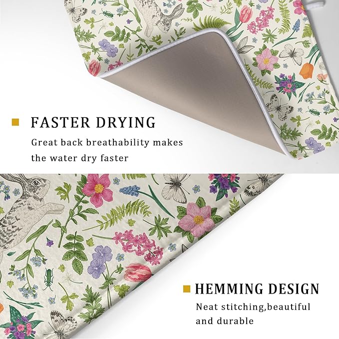 Spring Easter Dish Drying Mat for Kitchen Counter 18x24 Rabbit Bunny Green Pink Floral Vintage Print Absorbent Reversible Microfiber Drying Mats Kitchen Countertop Protector Dishes Drainer Rack Pad - Image 3