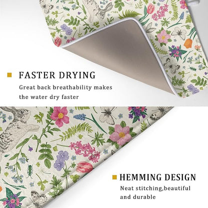 Spring Easter Dish Drying Mat for Kitchen Counter 18x24 Rabbit Bunny Green Pink Floral Vintage Print Absorbent Reversible Microfiber Drying Mats Kitchen Countertop Protector Dishes Drainer Rack Pad - Image 3