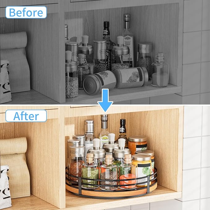 12" Lazy Susan Turntable Organizer - Oak Wood Lazy Susan for Cabinet Kitchen Countertop Dining Table Pantry Cupboard Bathroom Coffee Bar Storage Spice Rack Home Decor - Image 6