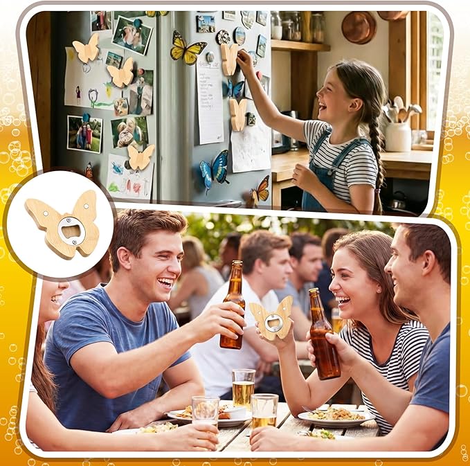 Vesici 24 Pcs Magnetic Bottle Opener 2.5in DIY Bamboo Butterfly Shape Beer Openers Wooden Fridge Magnet Refrigerator Sticker Gift for Beer Lover Wedding Guest Kitchens Bars Parties - Image 5