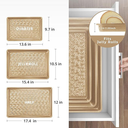HONGBAKE Nonstick Baking Sheet Pan Set of 3, Cookie Sheets for Oven, Non-Toxic Half/Quarter/Jelly Roll Pans with Floral Swirl Texture, Heavy Duty 0.8mm Thick Oven Trays for Cooking, Antique Gold - Image 8