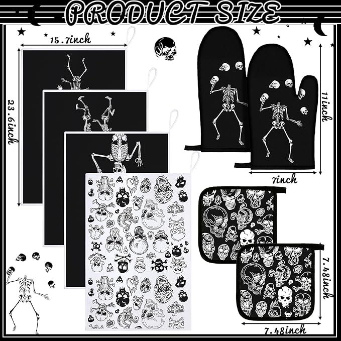 Leinuosen 8 Pcs Skull Kitchen Decor Set Kitchen Towels Gothic Oven Mitts and Pot Holders Skeleton Hand Dish Towels Horror Oven Mitts for Home Decoration Party Gifts (Black and White,Skeleton) - Image 3