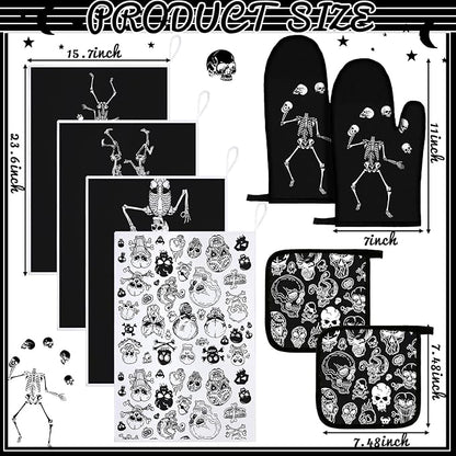 Leinuosen 8 Pcs Skull Kitchen Decor Set Kitchen Towels Gothic Oven Mitts and Pot Holders Skeleton Hand Dish Towels Horror Oven Mitts for Home Decoration Party Gifts (Black and White,Skeleton) - Image 3