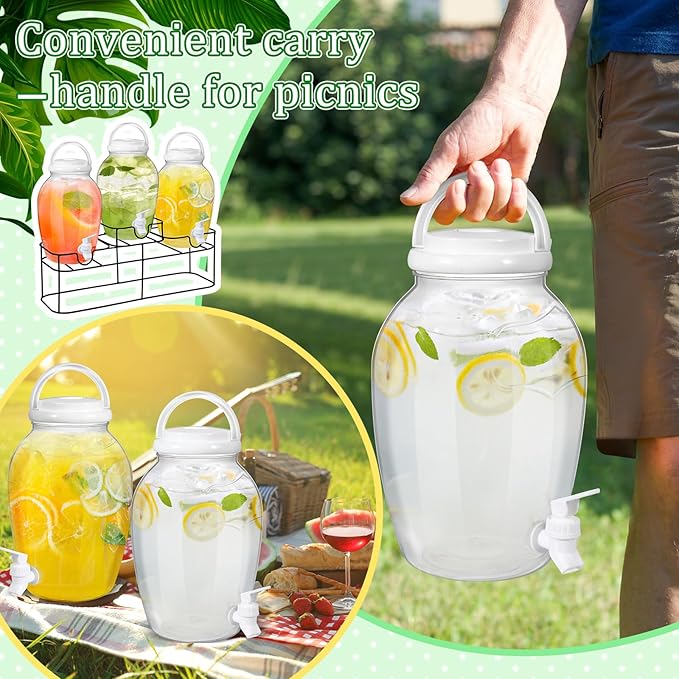 Tanlade 3 Pcs Plastic Drink Dispenser with Spigot and Metal Stand 1.2 Gallon Beverage Dispenser for Parties Juice Dispensers Lemonade Jar with Lids for Cold Drink Tea Water Container